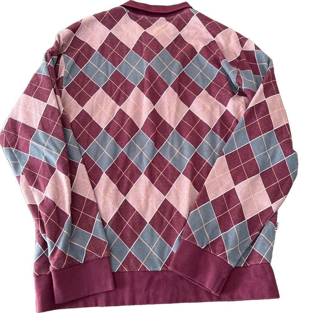 Obey Mens Medium Long Sleeve Polo Shirt Argyle pattern 100% cotton preppy - Picture 8 of 8
